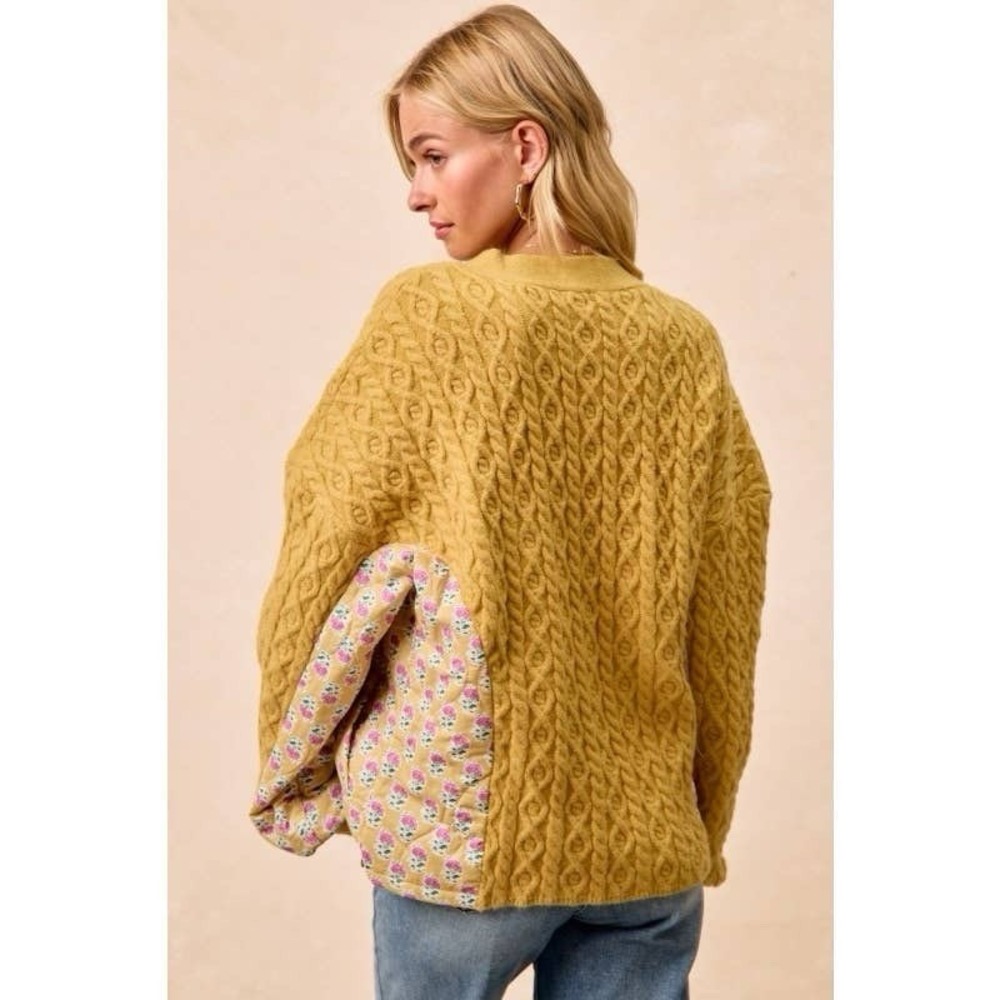 BIBI Cable Knit Floral Combo Cardigan Women's XL Yellow Mustard Quilted NWT - Picture 3 of 14